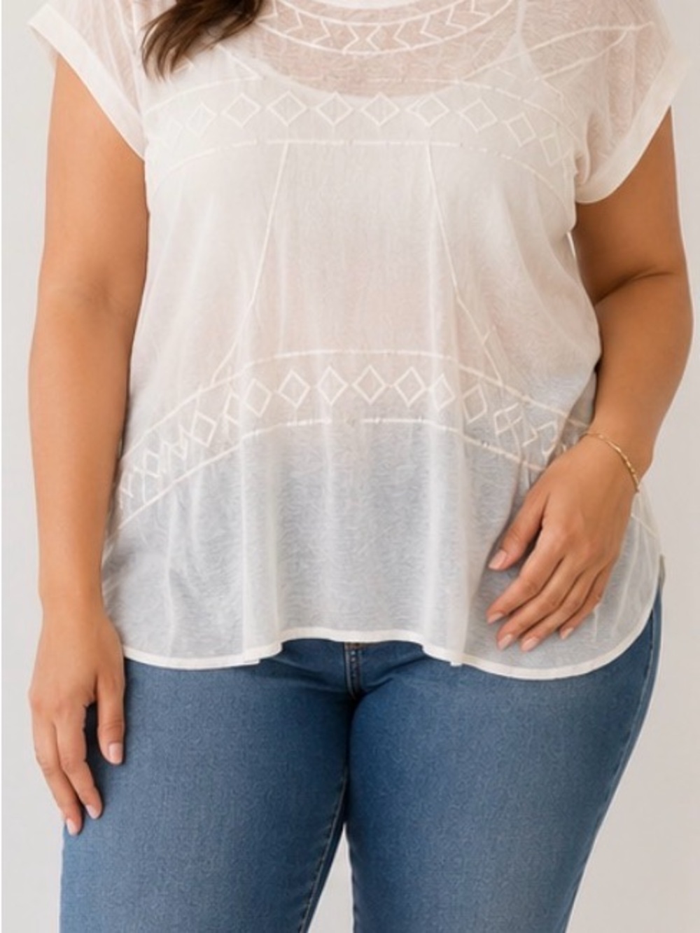 Bar III Sheer White Short-Sleeve Embroidered Top